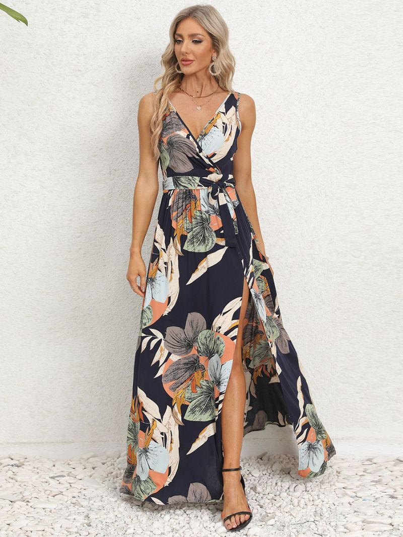 Damesjurk Met Print V-hals Mouwloos Riem Hoge Split Resort Casual Maxi-jurken