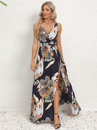 Damesjurk Met Print V-hals Mouwloos Riem Hoge Split Resort Casual Maxi-jurken