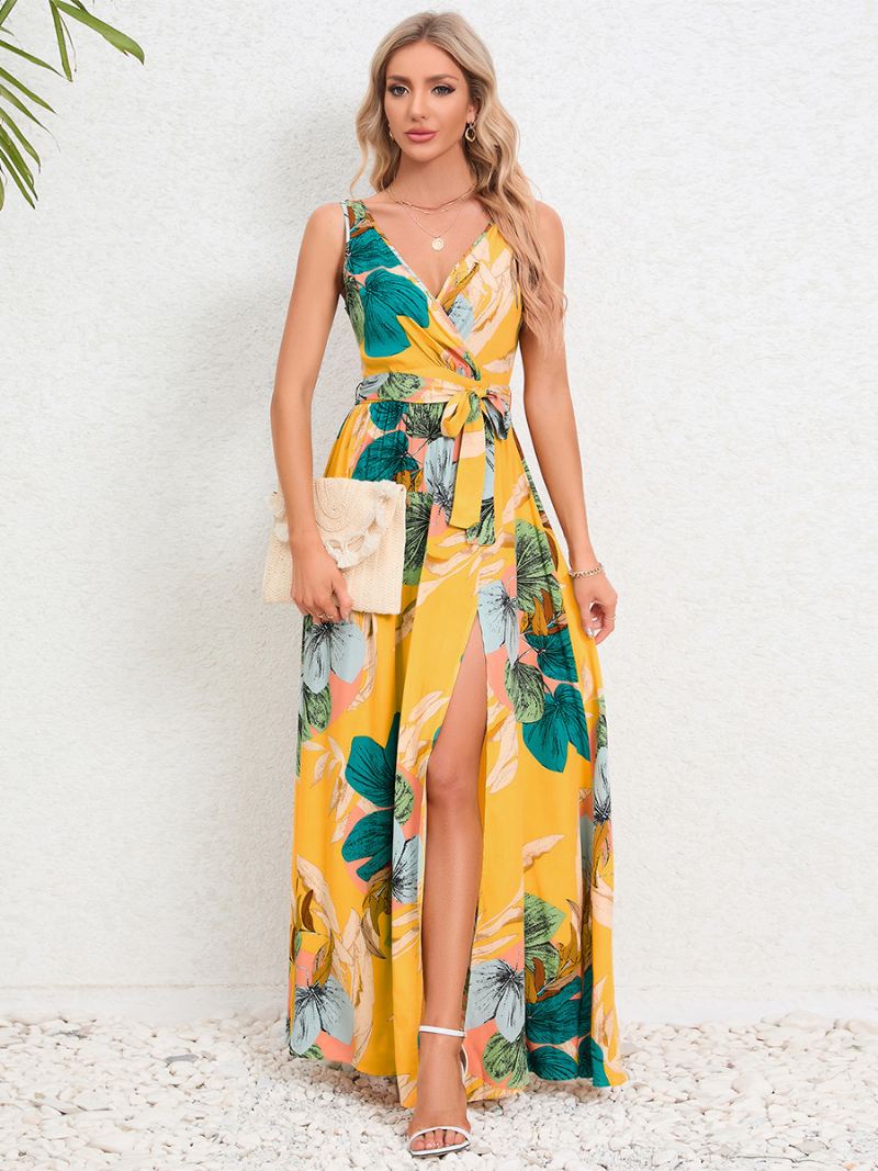 Damesjurk Met Print V-hals Mouwloos Riem Hoge Split Resort Casual Maxi-jurken - Geel