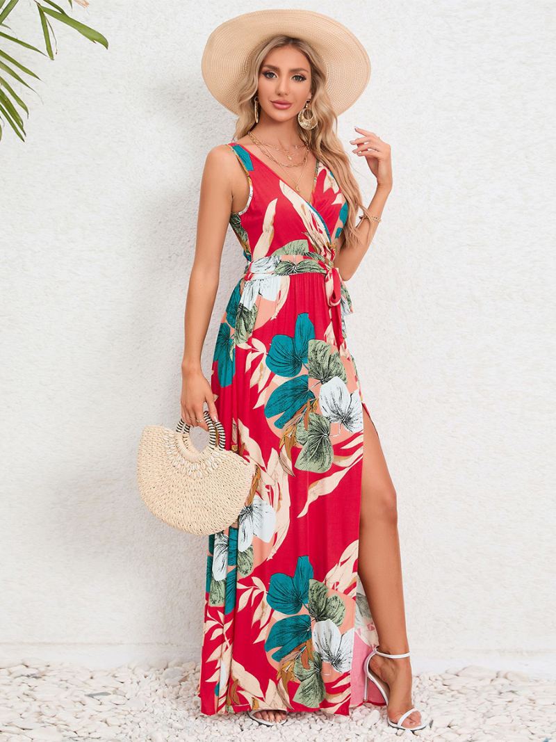 Damesjurk Met Print V-hals Mouwloos Riem Hoge Split Resort Casual Maxi-jurken - Rood