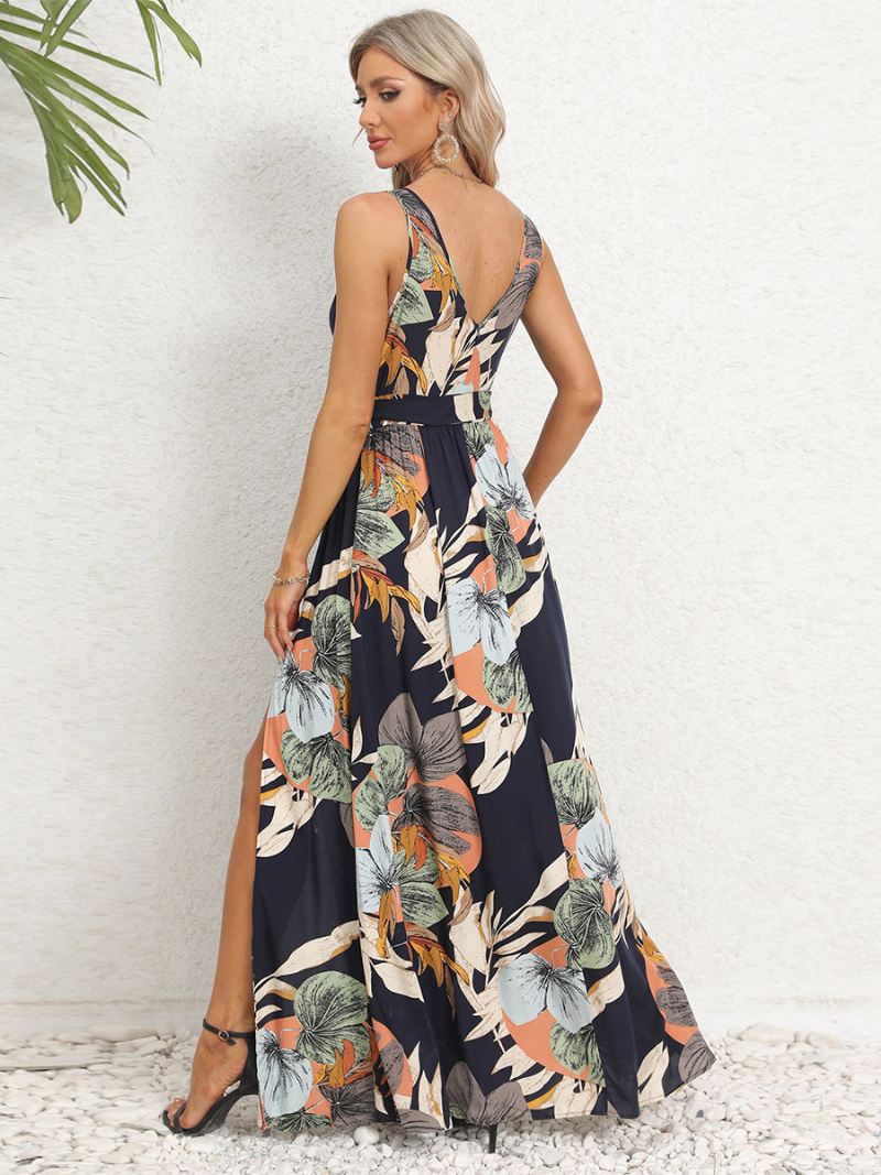 Damesjurk Met Print V-hals Mouwloos Riem Hoge Split Resort Casual Maxi-jurken - Koningsblauw