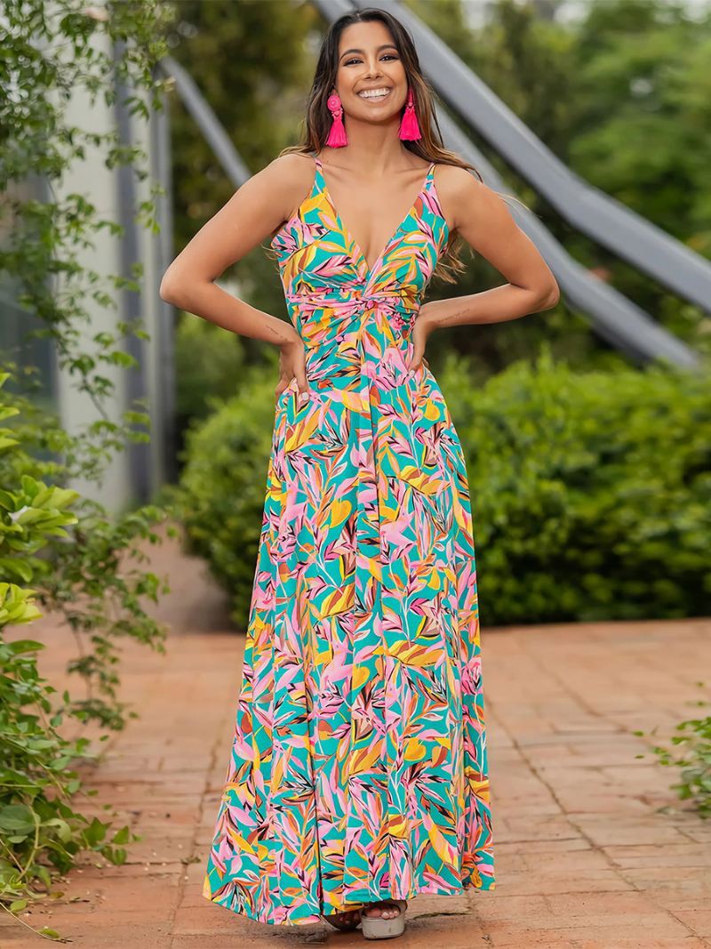 Damesjurk Met Print V-hals Spaghettibandjes Geplooide Casual Resort-zomer-maxi-jurken - Groen