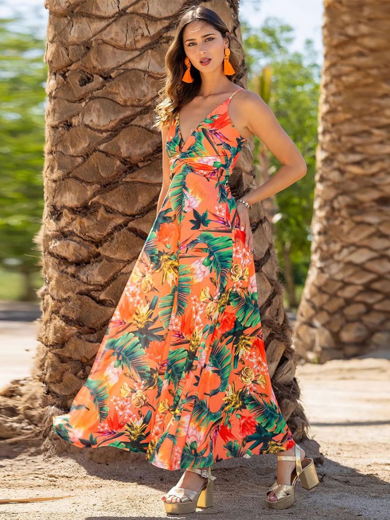 Damesjurk Met Print V-hals Spaghettibandjes Geplooide Casual Resort-zomer-maxi-jurken - Oranje