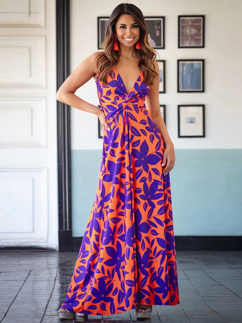 Damesjurk Met Print V-hals Spaghettibandjes Geplooide Casual Resort-zomer-maxi-jurken - Violet