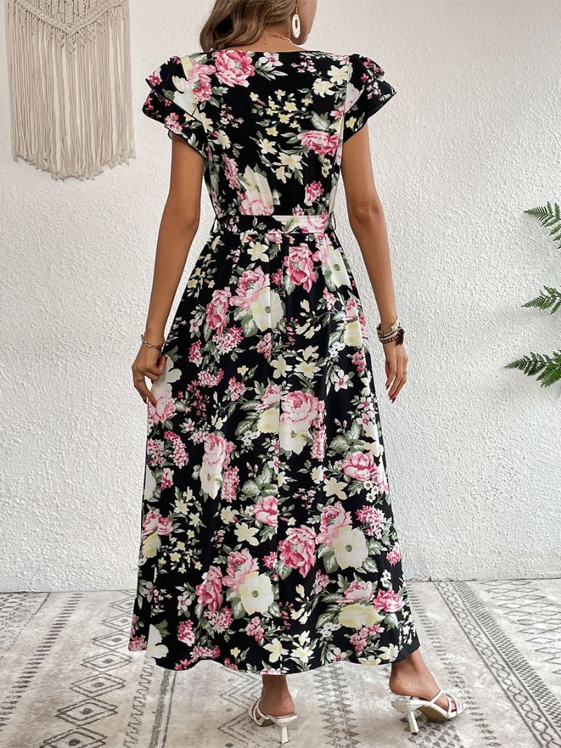 Damesjurk Met V-hals Maxi Korte Mouwen Casual Bloemenprint Hoge Split Vloerlengte - Zwart