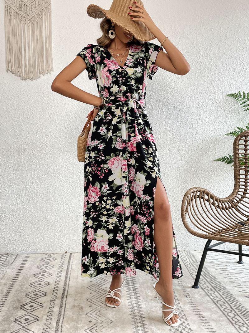 Damesjurk Met V-hals Maxi Korte Mouwen Casual Bloemenprint Hoge Split Vloerlengte - Zwart