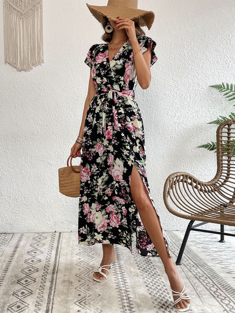 Damesjurk Met V-hals Maxi Korte Mouwen Casual Bloemenprint Hoge Split Vloerlengte - Zwart