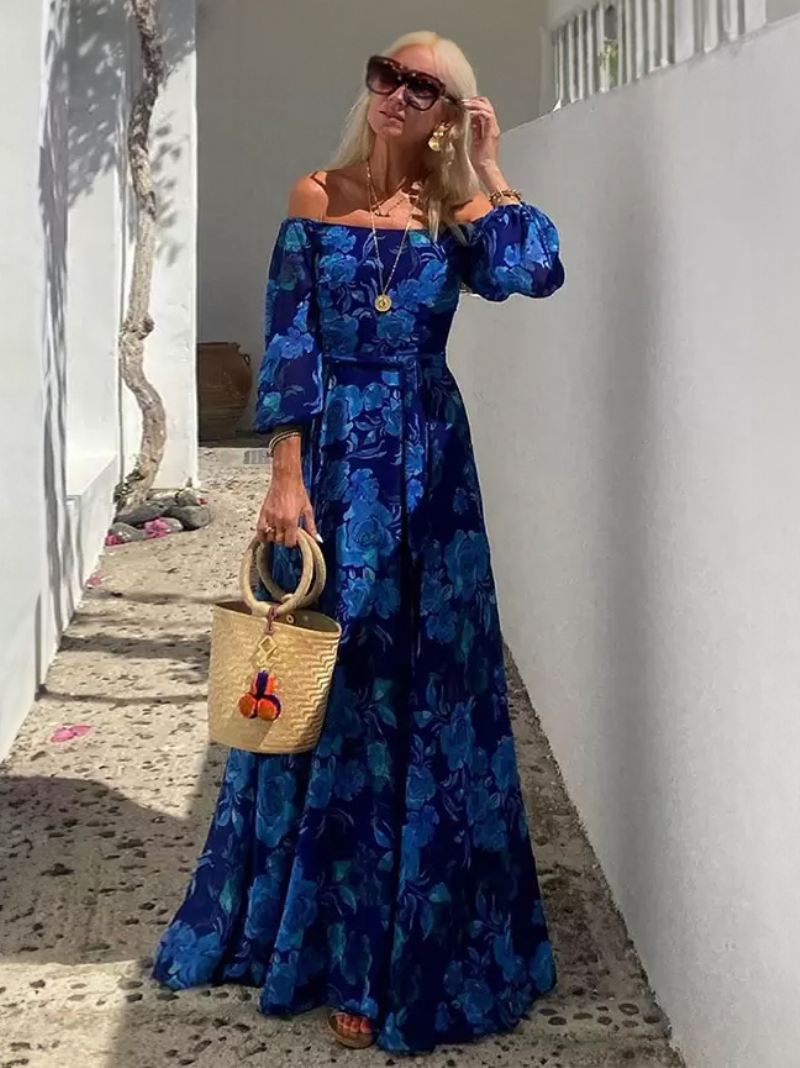 Damesjurk Met Volledige Print Off-shoulder Driekwartmouwen Casual Lente Maxi-jurken