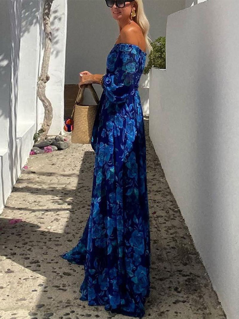 Damesjurk Met Volledige Print Off-shoulder Driekwartmouwen Casual Lente Maxi-jurken - Blauw