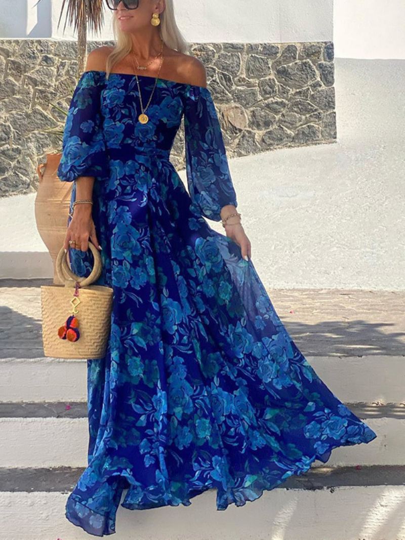 Damesjurk Met Volledige Print Off-shoulder Driekwartmouwen Casual Lente Maxi-jurken - Blauw