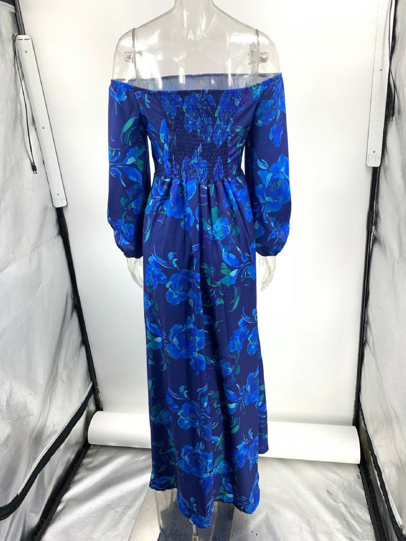 Damesjurk Met Volledige Print Off-shoulder Driekwartmouwen Casual Lente Maxi-jurken - Blauw