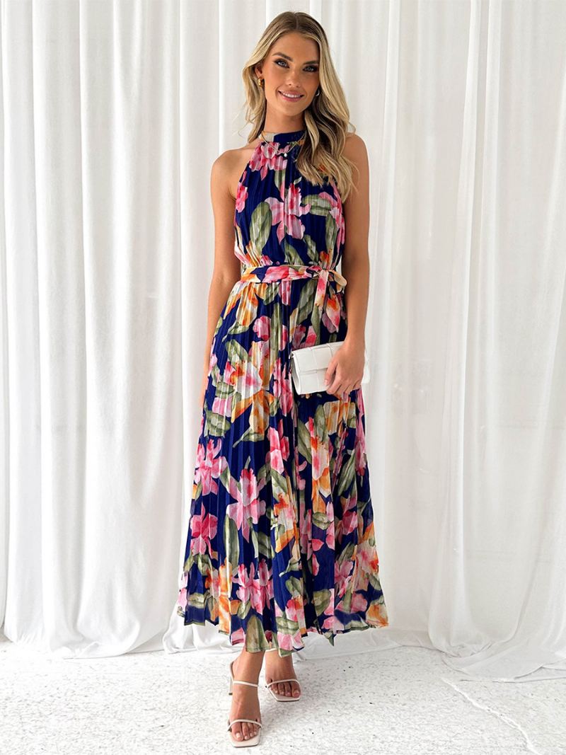 Halterjurk Dames Bloemenprint Riem Geplooide Dagelijkse Casual Maxi-jurken