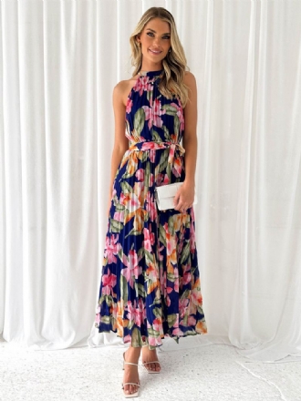 Halterjurk Dames Bloemenprint Riem Geplooide Dagelijkse Casual Maxi-jurken