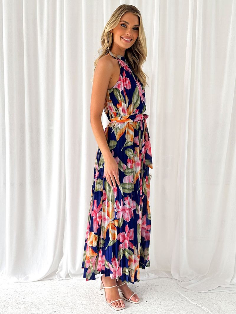 Halterjurk Dames Bloemenprint Riem Geplooide Dagelijkse Casual Maxi-jurken - Donker Marine