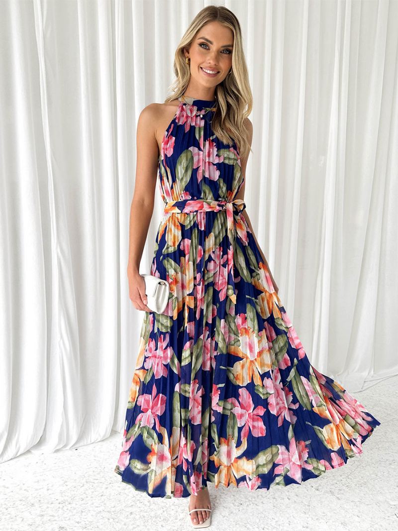 Halterjurk Dames Bloemenprint Riem Geplooide Dagelijkse Casual Maxi-jurken - Donker Marine