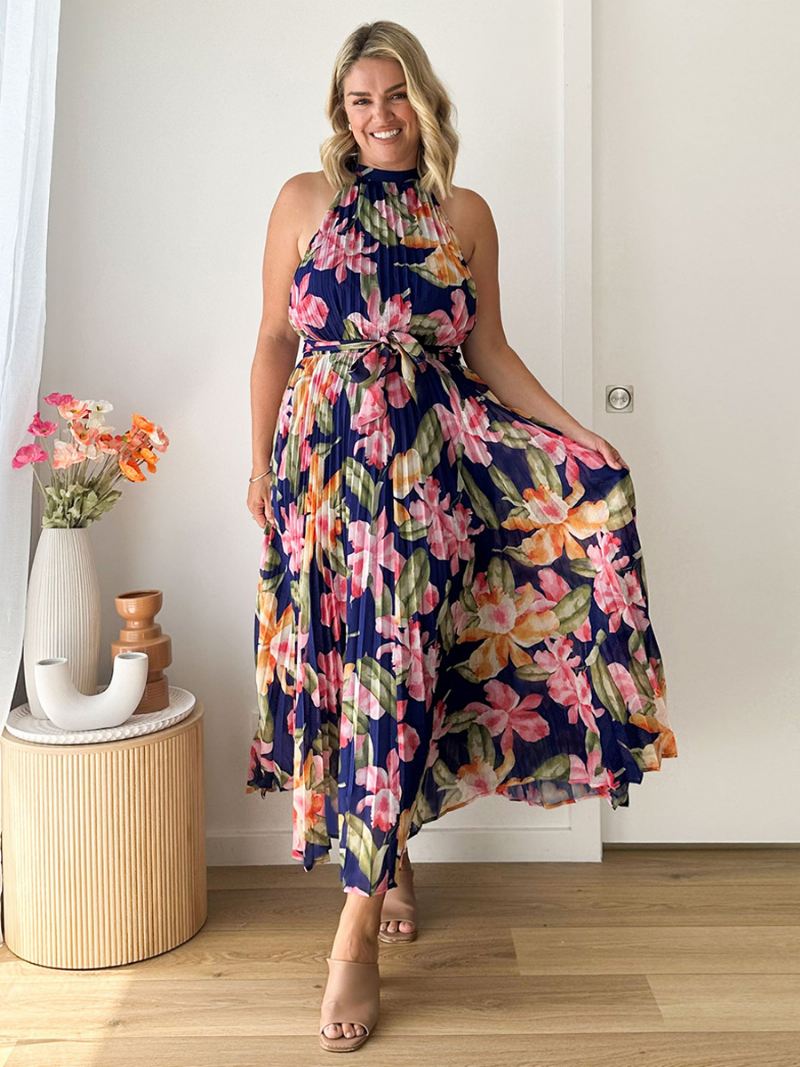 Halterjurk Dames Bloemenprint Riem Geplooide Dagelijkse Casual Maxi-jurken - Donker Marine