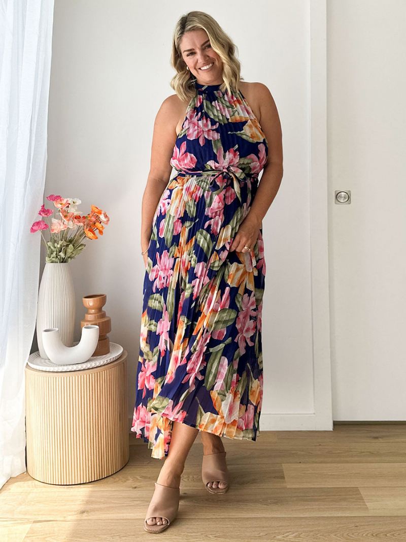 Halterjurk Dames Bloemenprint Riem Geplooide Dagelijkse Casual Maxi-jurken - Donker Marine