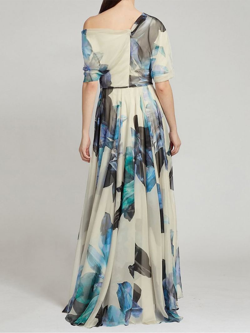 Lange Damesjurk Met Print Één Schouder Onregelmatige Maxi-jurken Chiffon - Licht Hemelsblauw