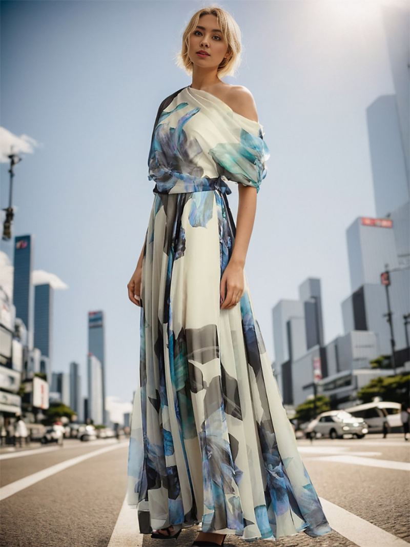 Lange Damesjurk Met Print Één Schouder Onregelmatige Maxi-jurken Chiffon - Licht Hemelsblauw