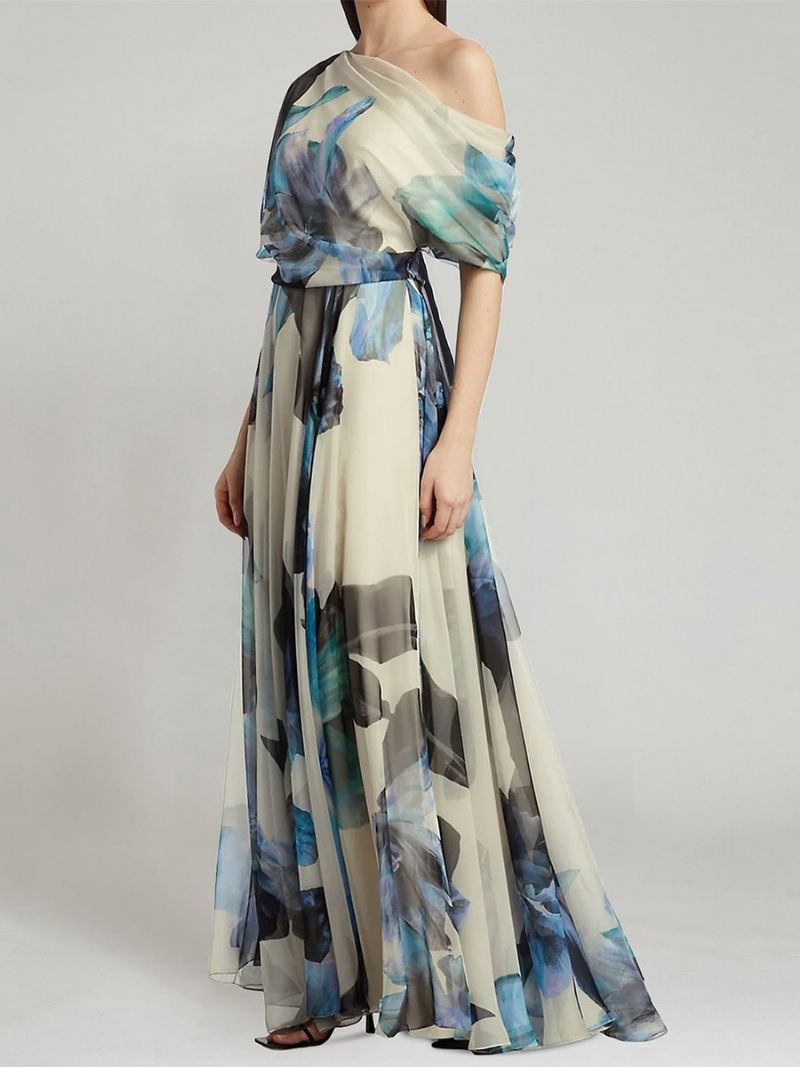 Lange Damesjurk Met Print Één Schouder Onregelmatige Maxi-jurken Chiffon - Licht Hemelsblauw