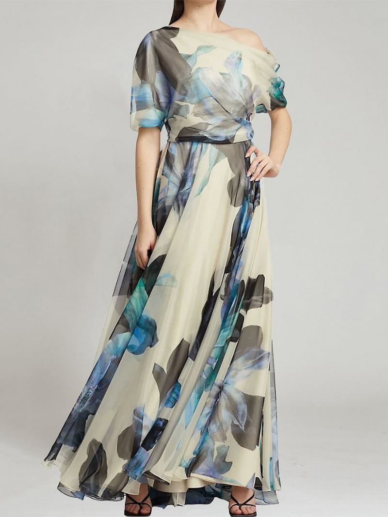 Lange Damesjurk Met Print Één Schouder Onregelmatige Maxi-jurken Chiffon - Licht Hemelsblauw