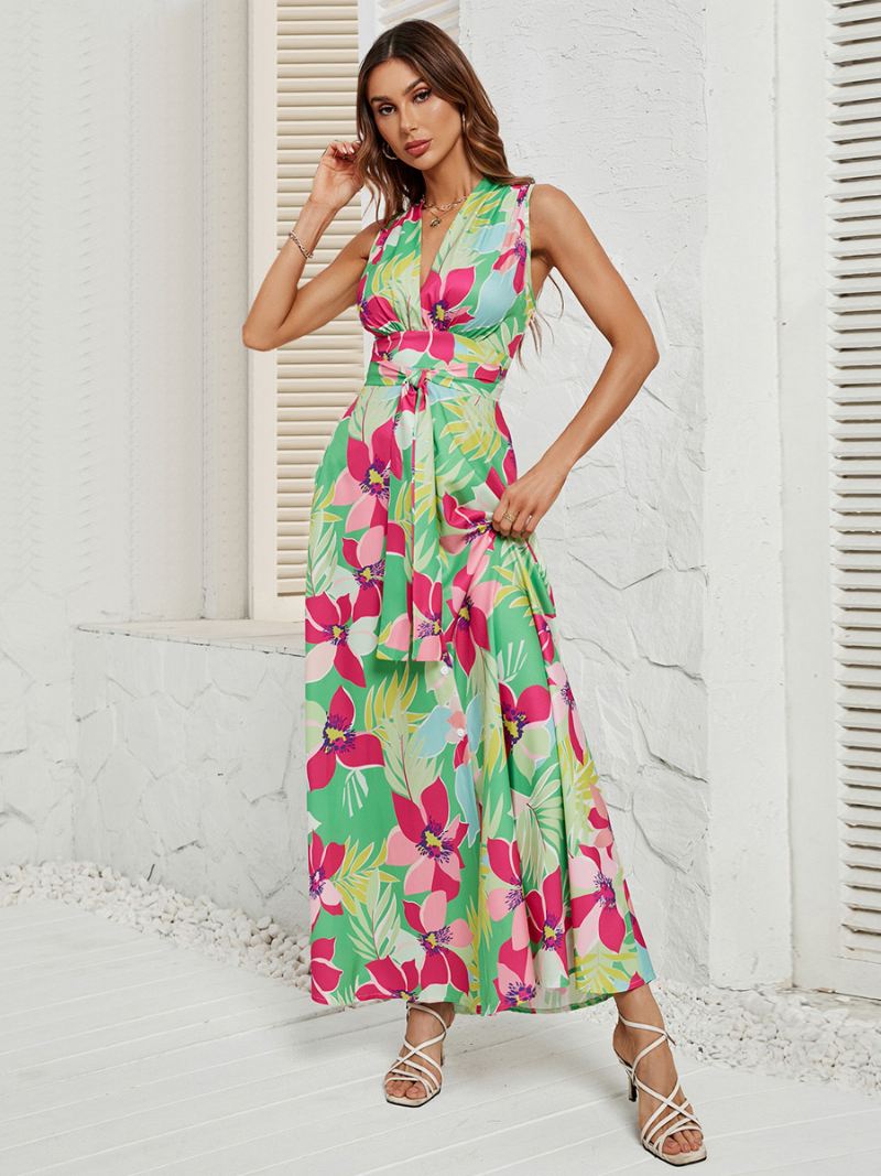 Maxi-jurk Dames Allover Bloemen V-hals Riem Mouwloos Asymmetrische Lange Jurken - Groente