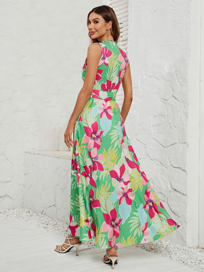 Maxi-jurk Dames Allover Bloemen V-hals Riem Mouwloos Asymmetrische Lange Jurken - Groente