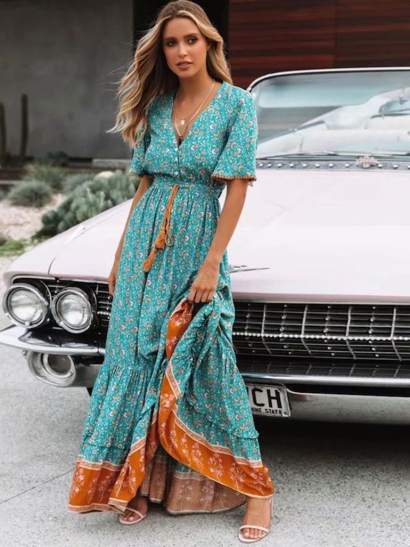 Maxi-jurk Dames Lange Jurk Met V-hals Korte Mouwen Print - Groen