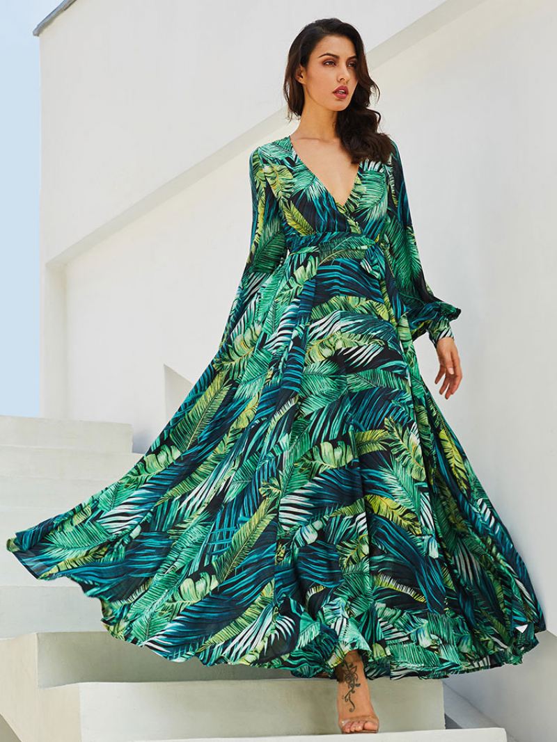 Maxi-jurk Dames Lange Jurk Met V-hals Mouwen Print