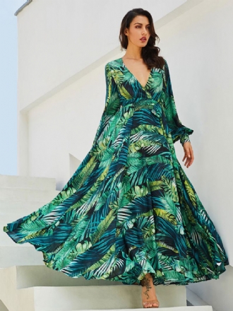 Maxi-jurk Dames Lange Jurk Met V-hals Mouwen Print