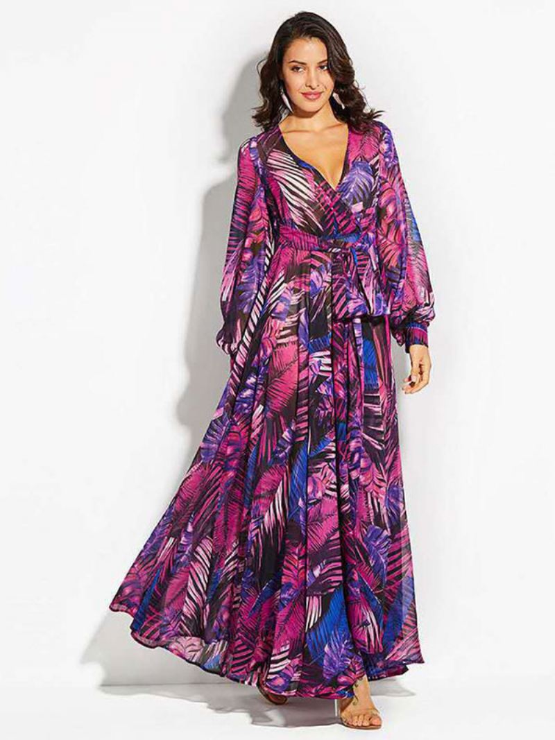 Maxi-jurk Dames Lange Jurk Met V-hals Mouwen Print - Paars