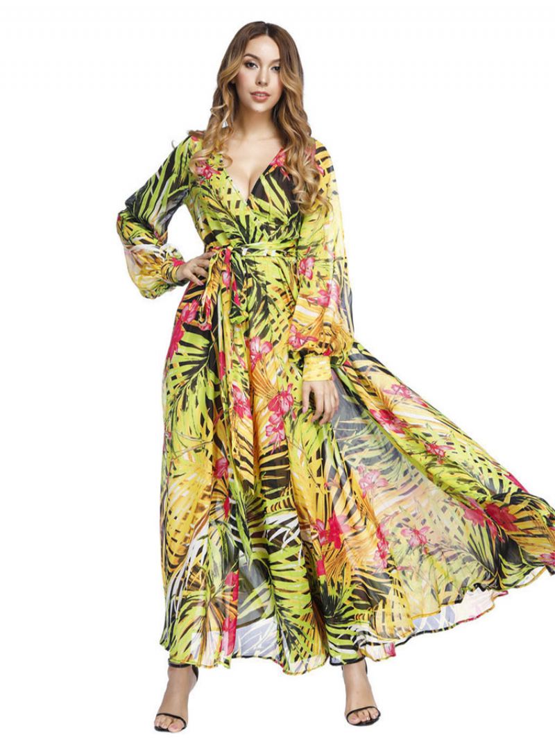 Maxi-jurk Dames Lange Jurk Met V-hals Mouwen Print - Geel