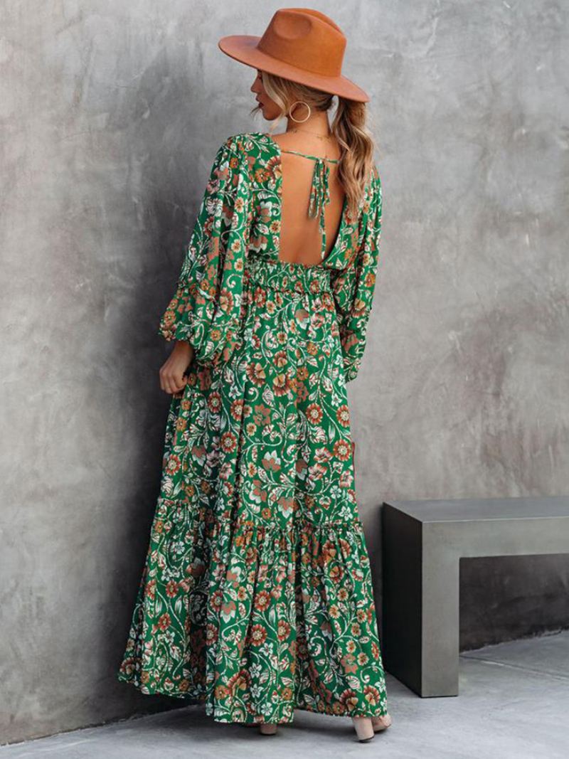 Maxi-jurk Dames V-hals Lange Mouwen Casual Bloemenprint Vloerlengte Jurk - Groente