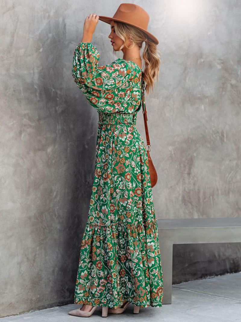 Maxi-jurk Dames V-hals Lange Mouwen Casual Bloemenprint Vloerlengte Jurk - Groente