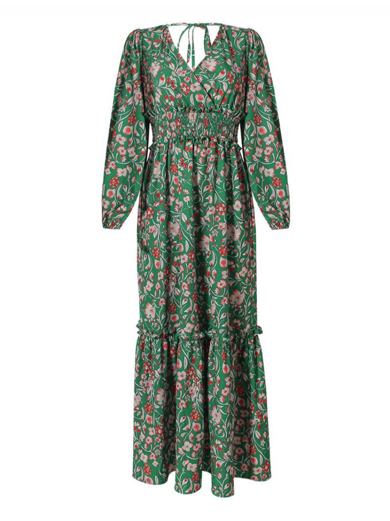 Maxi-jurk Dames V-hals Lange Mouwen Casual Bloemenprint Vloerlengte Jurk - Groente