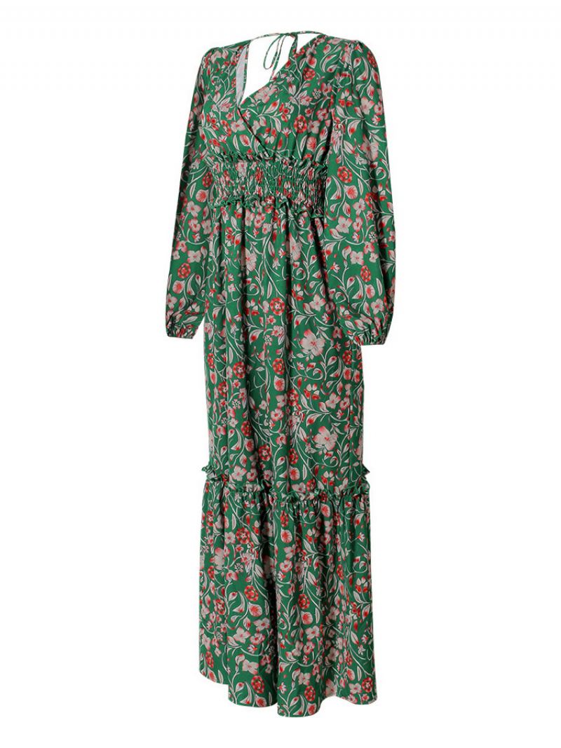 Maxi-jurk Dames V-hals Lange Mouwen Casual Bloemenprint Vloerlengte Jurk - Groente