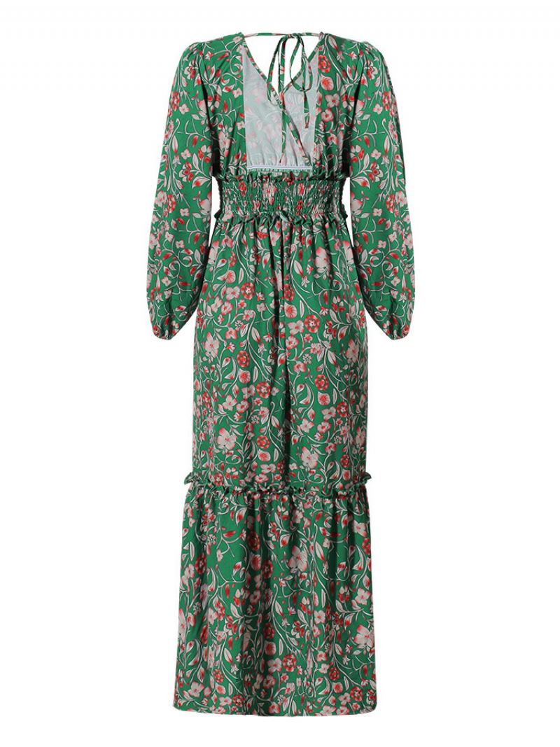 Maxi-jurk Dames V-hals Lange Mouwen Casual Bloemenprint Vloerlengte Jurk - Groente