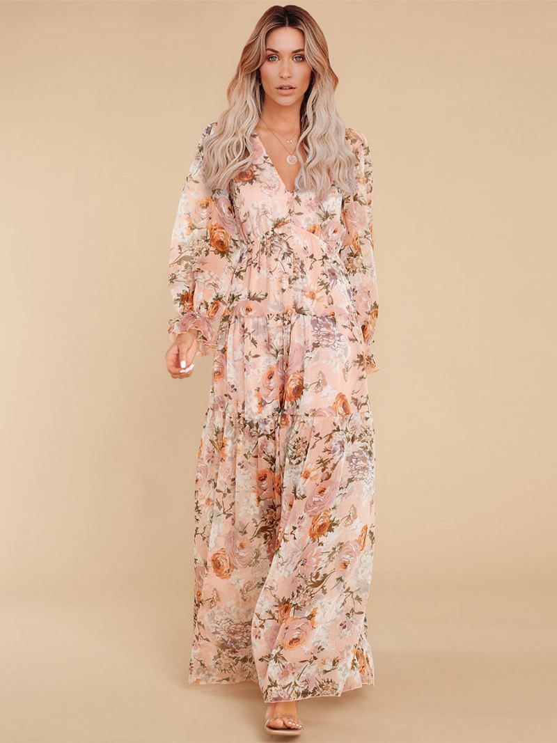 Maxi-jurk Dames V-hals Lange Mouwen Casual Jurk Met Bloemenprint