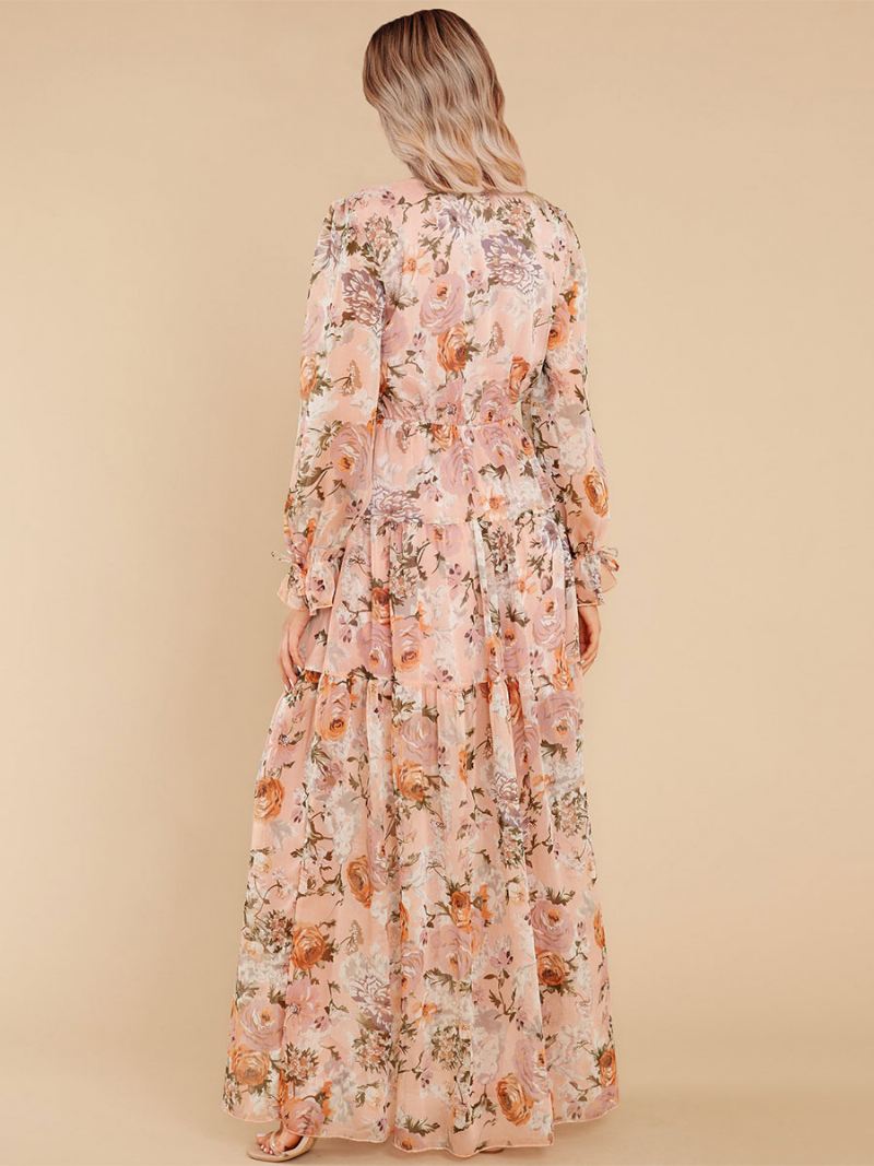 Maxi-jurk Dames V-hals Lange Mouwen Casual Jurk Met Bloemenprint - Oranje