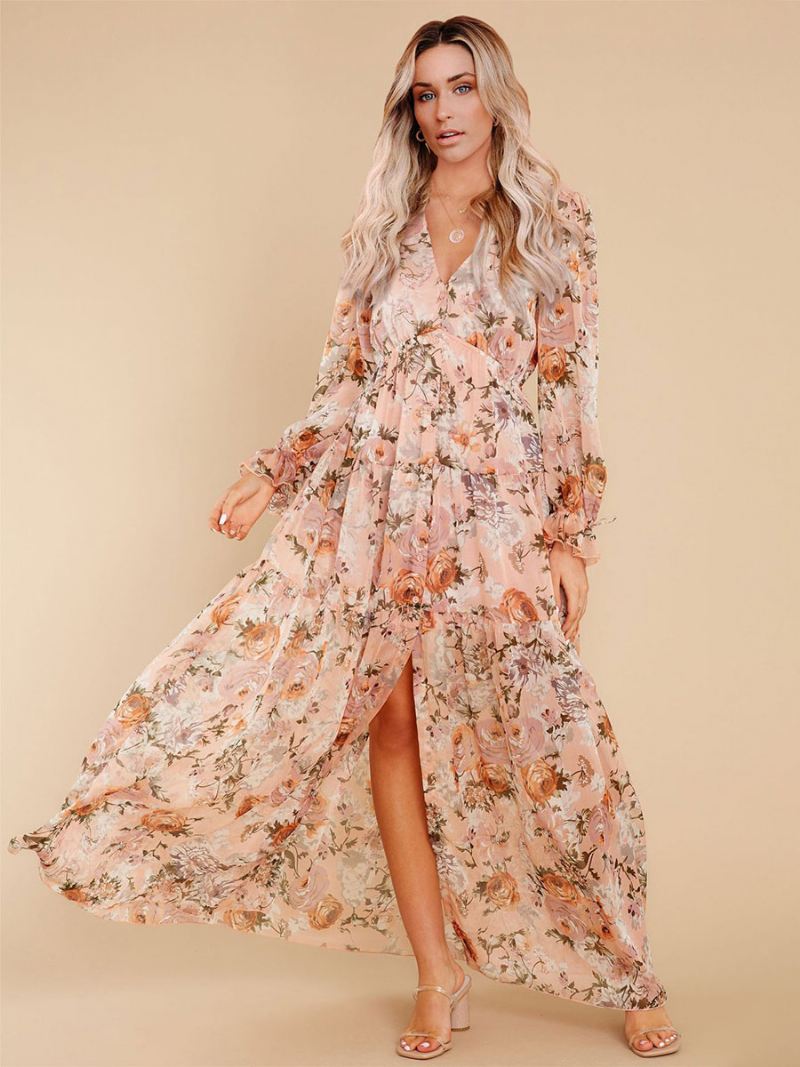 Maxi-jurk Dames V-hals Lange Mouwen Casual Jurk Met Bloemenprint - Oranje