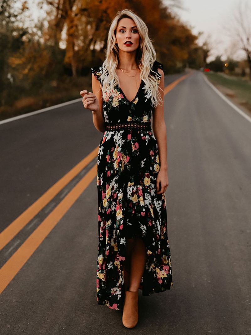 Maxi-jurk Met Bloemenprint Dames V-hals Rugloze Lange Zomerjurk Hoge Split