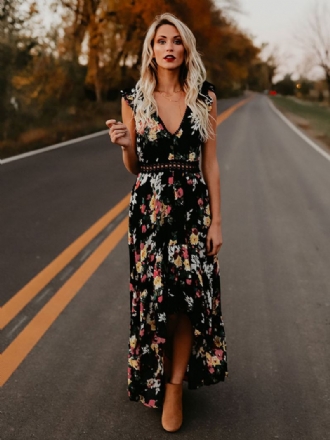 Maxi-jurk Met Bloemenprint Dames V-hals Rugloze Lange Zomerjurk Hoge Split