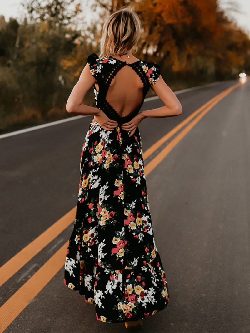 Maxi-jurk Met Bloemenprint Dames V-hals Rugloze Lange Zomerjurk Hoge Split - Zwart