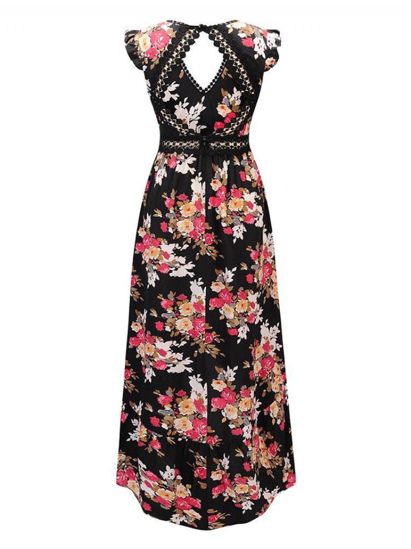 Maxi-jurk Met Bloemenprint Dames V-hals Rugloze Lange Zomerjurk Hoge Split - Zwart