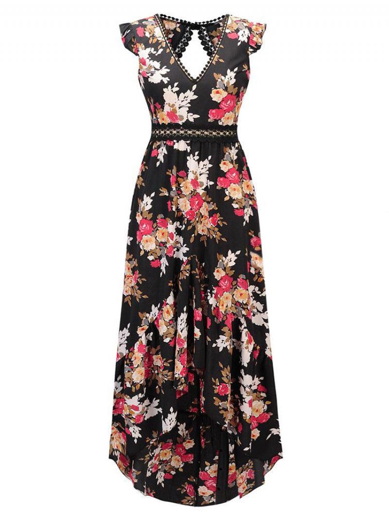 Maxi-jurk Met Bloemenprint Dames V-hals Rugloze Lange Zomerjurk Hoge Split - Zwart