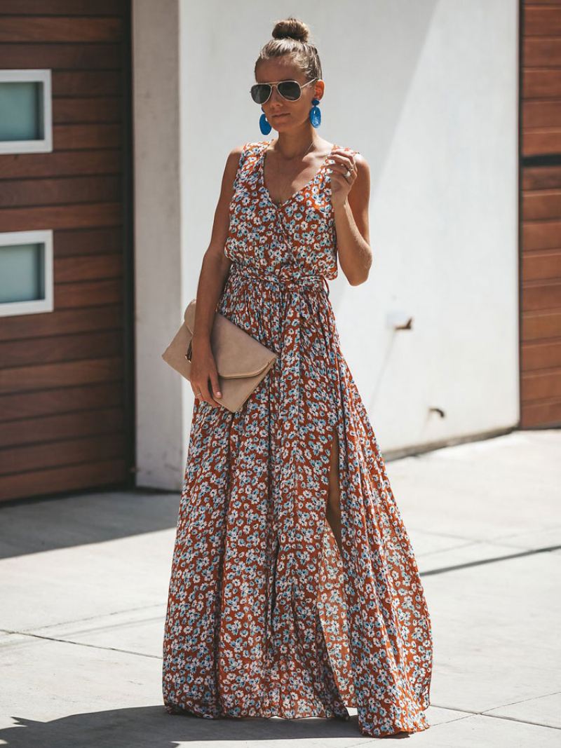 Maxi-jurk Met Bloemenprint Mouwloze Zomerjurk V-hals Split