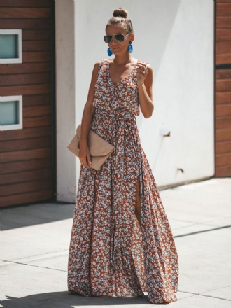 Maxi-jurk Met Bloemenprint Mouwloze Zomerjurk V-hals Split