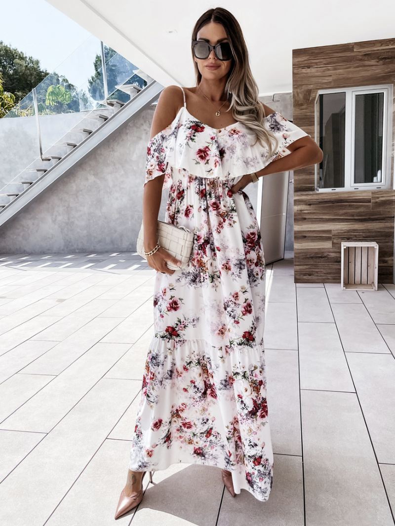 Maxi-jurken Dames Korte Mouwen Lichtroze Bloemenprint Bandjes Geplooide Lange Stretchjurk - Wit