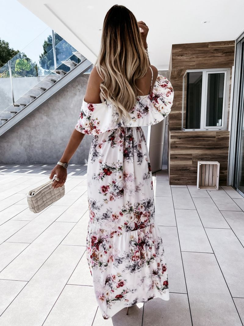 Maxi-jurken Dames Korte Mouwen Lichtroze Bloemenprint Bandjes Geplooide Lange Stretchjurk - Wit