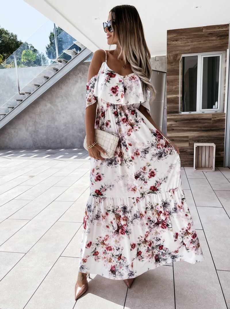 Maxi-jurken Dames Korte Mouwen Lichtroze Bloemenprint Bandjes Geplooide Lange Stretchjurk - Wit